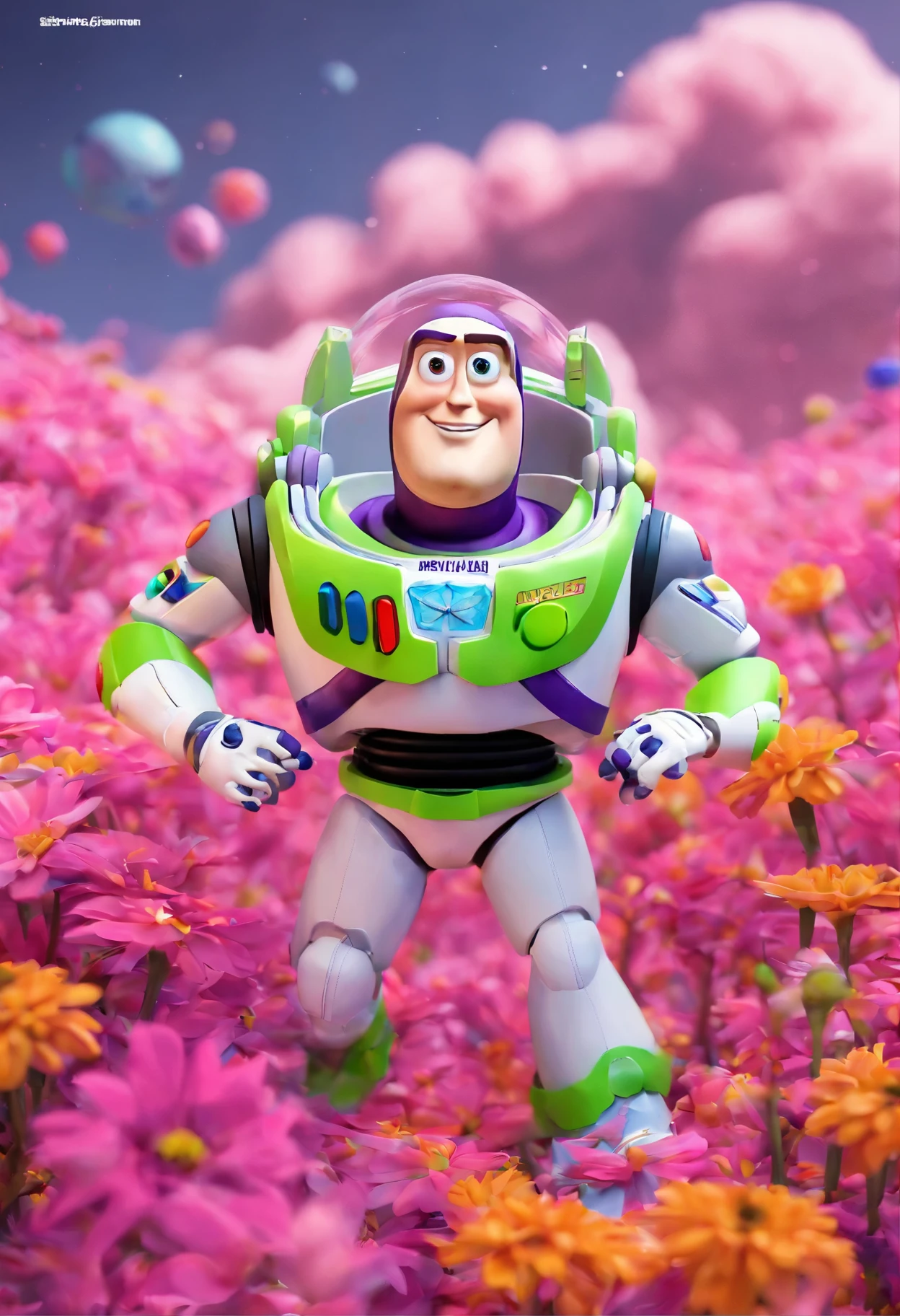 Buzz Lightyear,The bear-headed astronaut walks in the sea of flowers dotted with pink clouds，The astronaut who is alone，The astronaut cannot leave this planet，The astronaut is lost in space without limits.