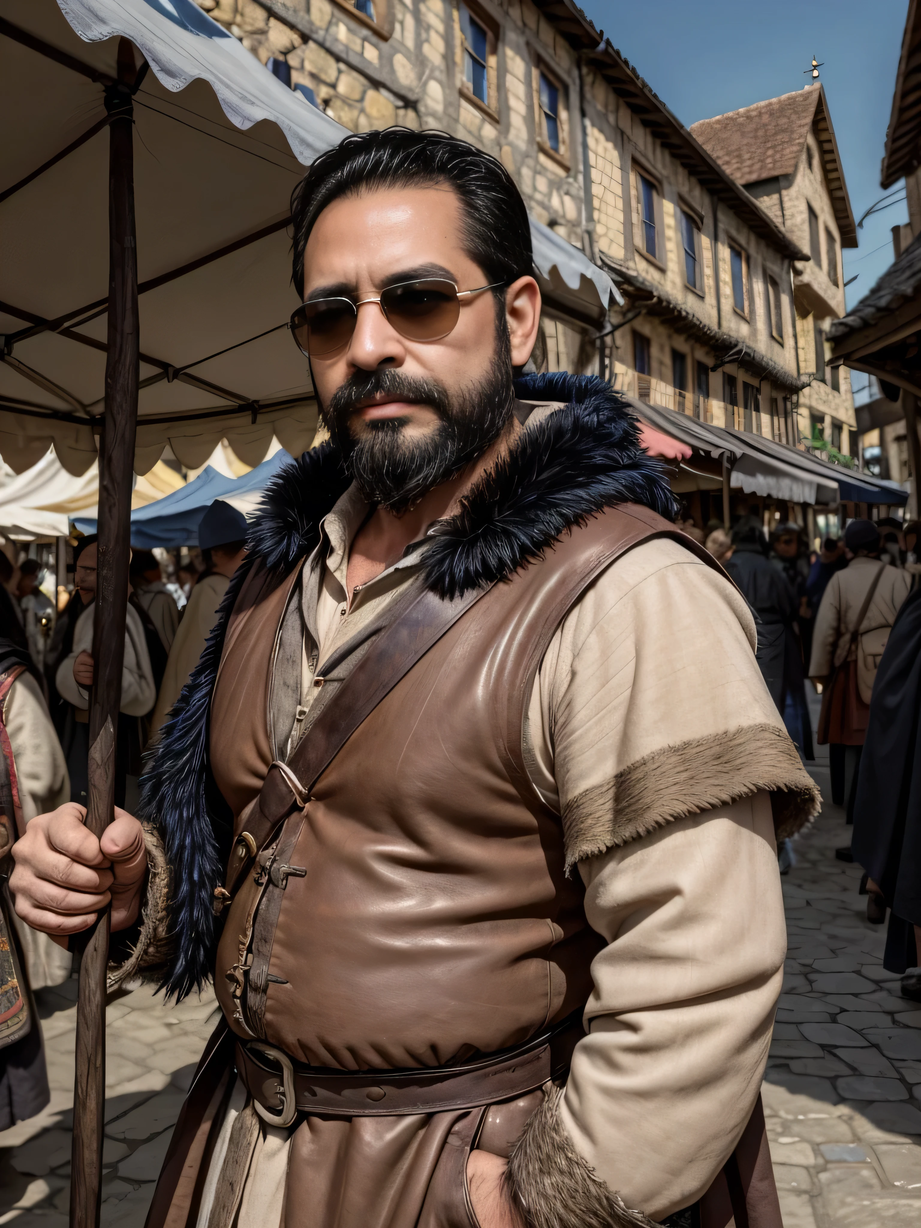 Create an ultra-detailed digital art image featuring a very masculine 38-year-old man with a beard and wearing dark sunglasses. He is shown in a medium shot, displaying the upper part of his body. The setting is a picturesque medieval village during a festival, with stone houses and vibrant decorations. He wears a rugged leather tunic over a simple white shirt, with a fur-lined cloak draped over his shoulders. The background includes villagers in traditional attire, colorful banners, and a bustling market. His expression is strong and noble, fitting the historical atmosphere. The image should be rich in detail, capturing the texture of his clothing, the shine of his sunglasses, and the lively medieval festival environment.