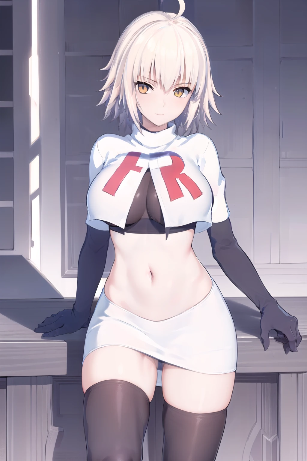 ((masterpiece, best quality,distinct image)), 1girl,solo, jeanne d'arc alter, large breasts, ahoge,looking at viewer, cowboy shot, team rocket,team rocket uniform,white skirt,red letter R,crop top,black thigh-highs,black elbow gloves