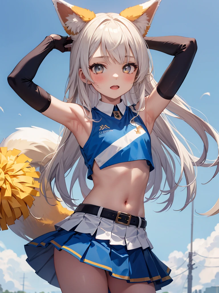 masterpiece, best quality, 1 girl, solo, 10 years old, flat chest ,cheerleader, belt, fox tail, fox ears, crop top, blue skirt, pleated skirt, midriff, detached sleeves, elbow gloves, what does the fox say,