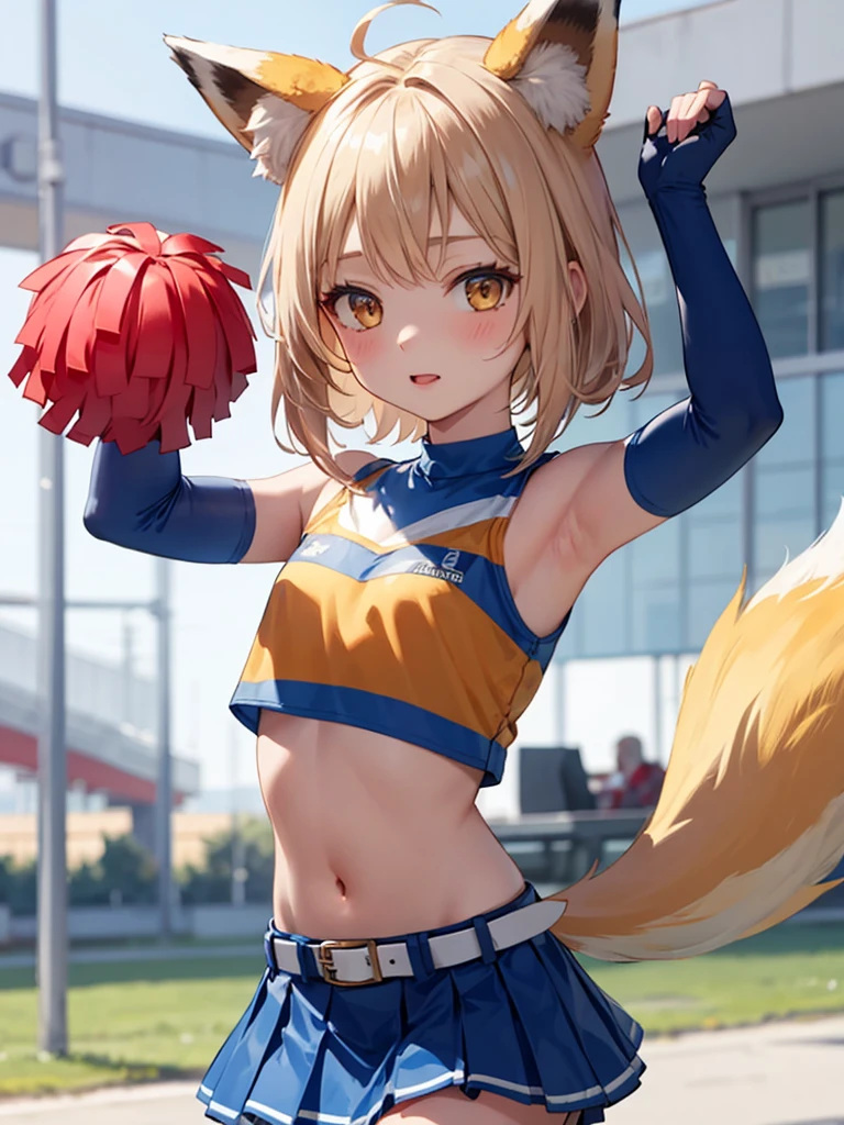 masterpiece, best quality, 1 girl, solo, 10 years old, flat chest ,cheerleader, belt, fox tail, fox ears, crop top, blue skirt, pleated skirt, midriff, detached sleeves, elbow gloves, what does the fox say,