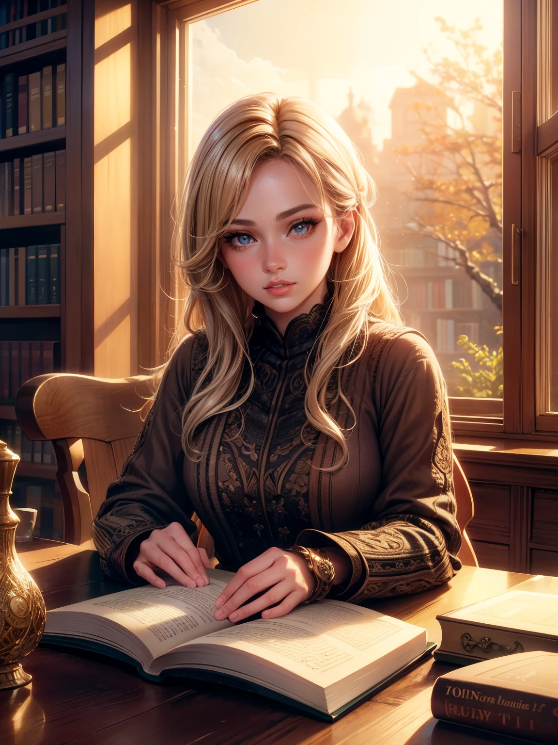 a girl sitting by a sun-lit window in a library, reading a book, beautiful detailed eyes, beautiful detailed lips, extremely detailed eyes and face, long eyelashes, natural lighting, warm colors, photorealistic, 8k, hyper detailed, high quality, masterpiece, vibrant colors, cinematic lighting, intricate details, cozy library interior, wooden table, bookshelf background