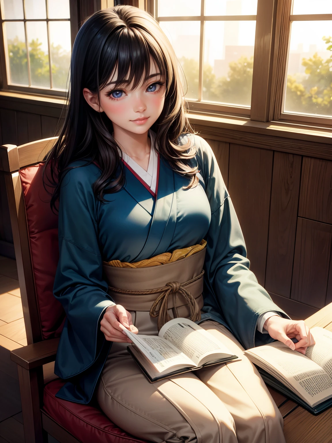 Girl sitting by the sunlit window in the school library and reading a book, beautiful detailed eyes, Japanese girl, dark hair, wearing a , beautiful detailed lips, very detailed eyes and face, long eyelashes, smiling, natural light, warm colors, photorealistic, 8K, highly detailed, high quality, masterpiece, vibrant colors, cinematic lighting, intricate details, cozy library interior , wooden table, bookshelf background