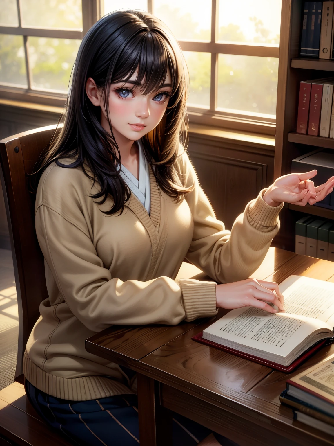 Girl sitting by the sunlit window in the school library and reading a book, beautiful detailed eyes, Japanese girl, dark hair, wearing a , beautiful detailed lips, very detailed eyes and face, long eyelashes, smiling, natural light, warm colors, photorealistic, 8K, highly detailed, high quality, masterpiece, vibrant colors, cinematic lighting, intricate details, cozy library interior , wooden table, bookshelf background