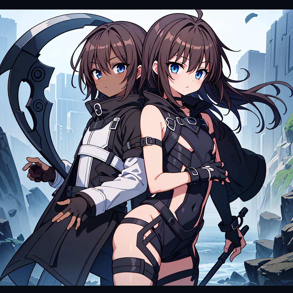 傑作 High resolution, High resolution, Male dark skin, Cute Shota, Dark brown hair, medium Dark brown hair,Wearing a black coat, Removable sleeves, black full bodysuit, Black exoskeleton, Fingerless gloves, Blue Gem, Giant blue scythe, close