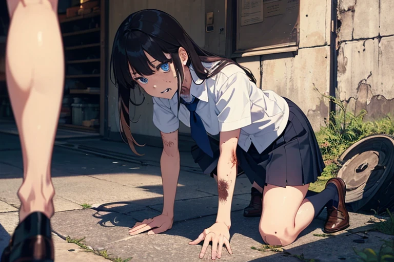 (Woman fighting ugly zombie monsters,Browsing Caution)、(masterpiece,highest quality,Beautiful face and eyes in every detail:1.2,Perfect Anatomy,Beautiful illustrations:1.2,Best Anime:1.2), Blake: Women get into fighting mode、、(Fantasy、a female wizard、Injury)、25 year old beauty、Brown Hair、Long Hair ,Blunt bangs,Brown eyes,wonderful,Painful expression、,Perfect Proportions,細身Body,skinny,Medium chest,naked,Glowing Skin,Highskin,Shiny skin,Kneel,、White collar shirt、Short sleeve、Blue tie、Navy Pleated Skirt、mini skirt:1.2、Black high socks、Loafer shoes、Zombie monsters have rotting bodies、Crumbled face、Biting a woman'Body:1.3、Five zombies in the background、Zombies in the background are blurred、Zombie on a burning background、Deep in the dark mountains、At night、moonlight、forest、Old shrine、