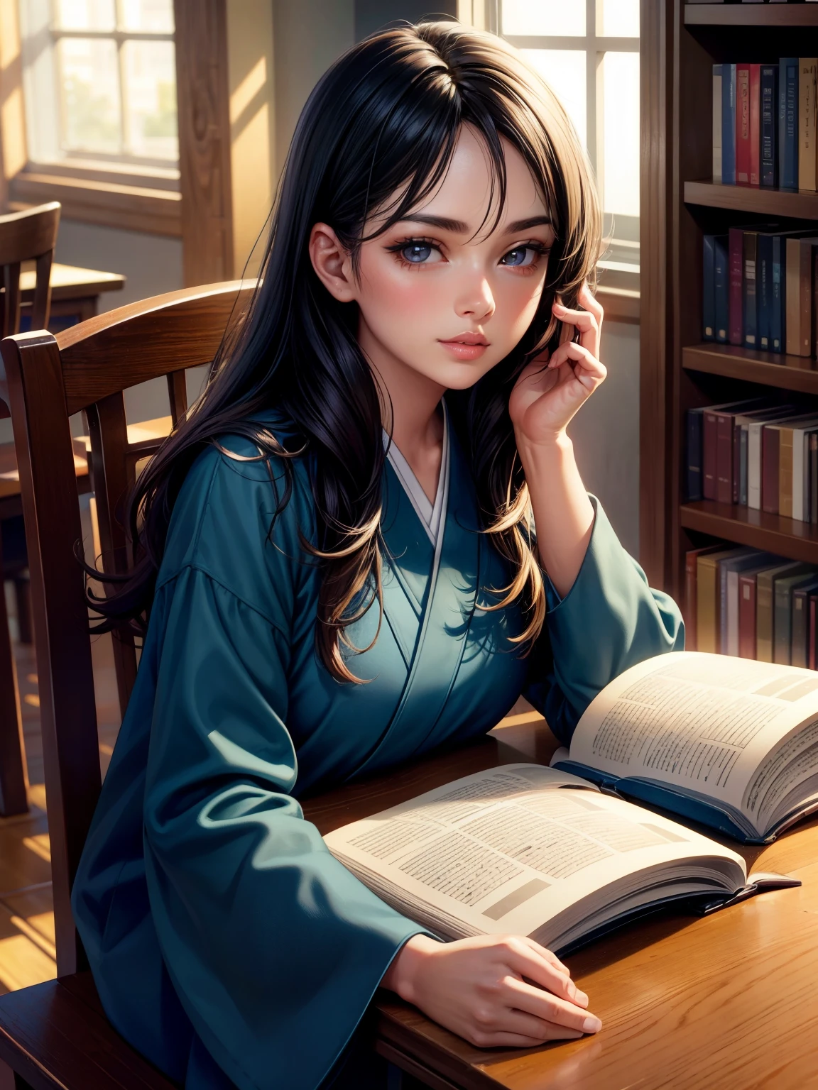 A girl sitting by the sunlit window in the school library and reading a fashion magazine, the cover of the book is VOGUE, beautiful detailed eyes, Japanese student, dark hair, wearing a uniform, beautiful detailed Lips, highly detailed eyes and face, long eyelashes, smiling, natural light, warm colors, photorealistic, 8K, highly detailed, high quality, masterpiece, vibrant colors, cinematic lighting, intricate details , cozy library interior, wooden table and bookshelf background