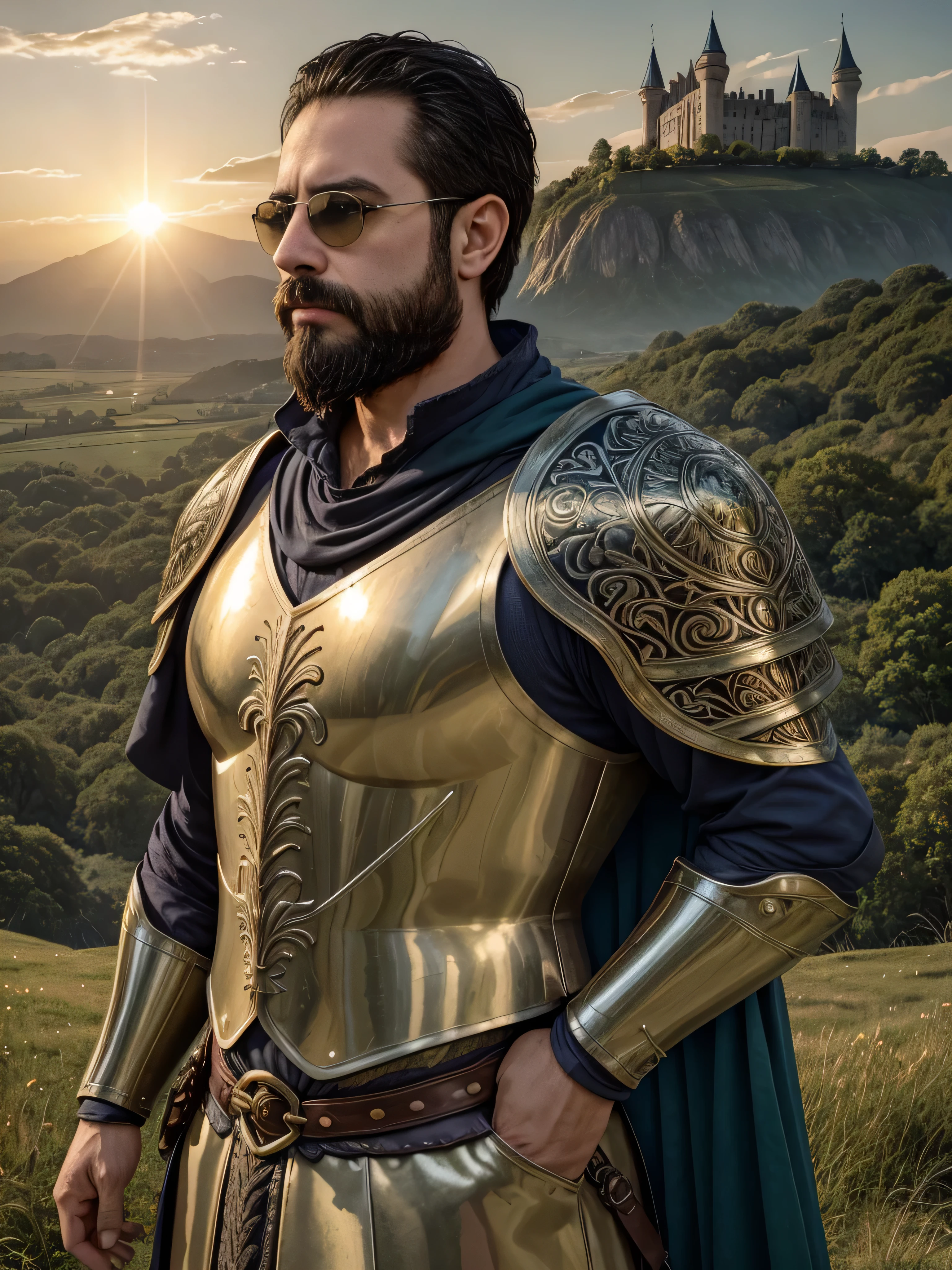 Create an ultra-detailed digital art image featuring a very masculine 38-year-old man with a beard and wearing dark sunglasses. He is shown in a medium shot, displaying the upper part of his body. The setting is a majestic fantasy kingdom with towering castles and lush landscapes at dawn. He wears an elaborate medieval-inspired armor with intricate engravings and a flowing dark cape. The background includes majestic castles, lush green valleys, and a mystical sunrise casting golden light over the scene. His expression is stoic and heroic, embodying the essence of a noble knight. The image should be rich in detail, capturing the texture of his armor, the shine of his sunglasses, and the enchanting atmosphere of the fantasy kingdom