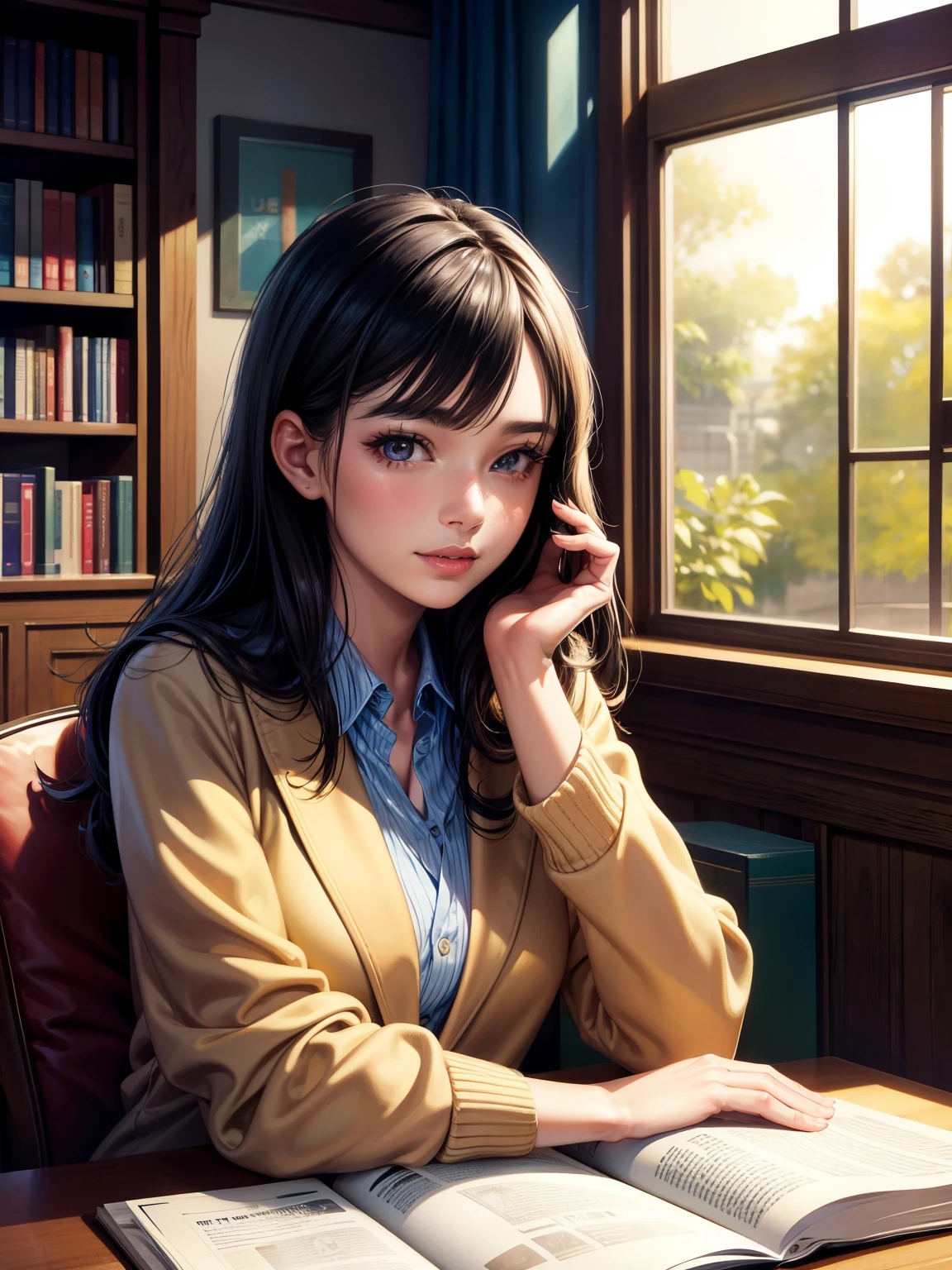 A girl sitting by the sunlit window in the school library and reading a fashion magazine, the cover of the book is VOGUE, beautiful detailed eyes, Japanese student, dark hair, wearing a uniform, beautiful detailed Lips, highly detailed eyes and face, long eyelashes, smiling, natural light, warm colors, photorealistic, 8K, highly detailed, high quality, masterpiece, vibrant colors, cinematic lighting, intricate details , cozy library interior, wooden table and bookshelf background