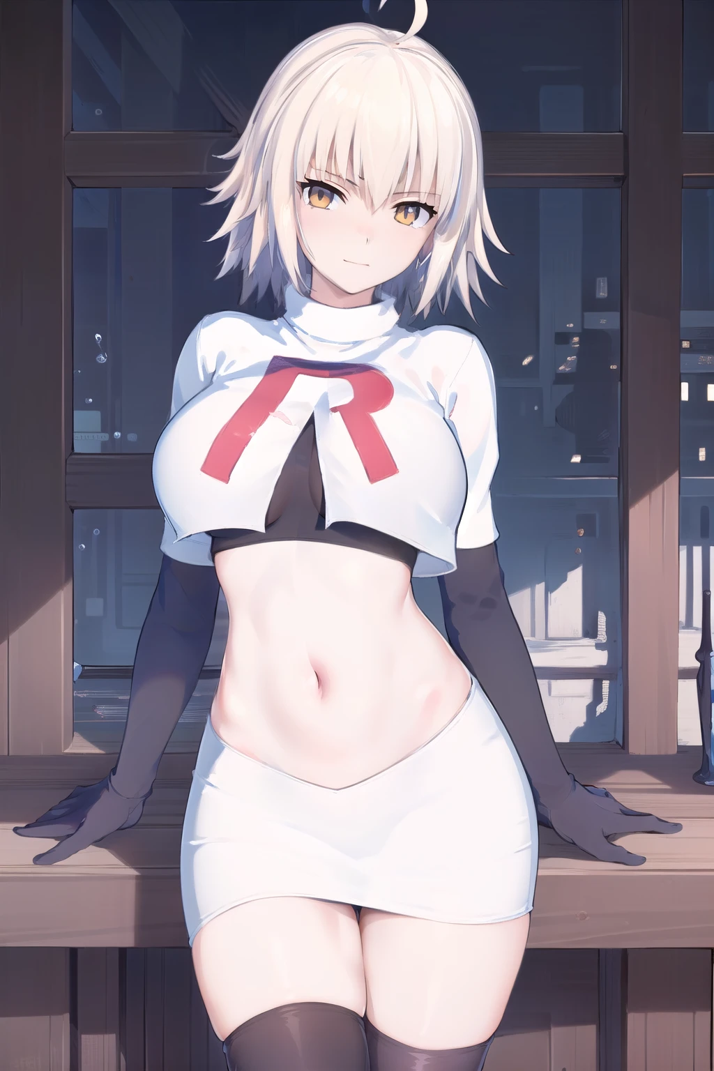 ((masterpiece, best quality,distinct image)), 1girl,solo, jeanne d'arc alter, large breasts, ahoge,looking at viewer, cowboy shot, team rocket,team rocket uniform,white skirt,red letter R,crop top,black thigh-highs,black elbow gloves