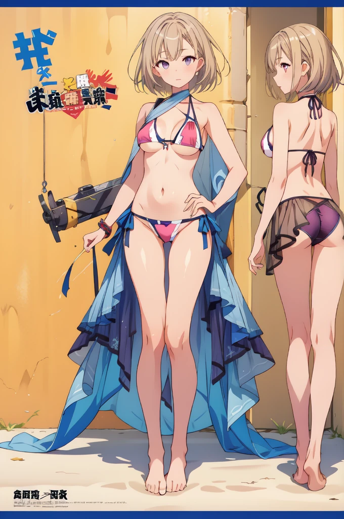 1girl、highest quality、Masterpiece、Official Art、The best composition、Character Design、vtuber-fullbody、Standing in front of the viewer、upright、short hair、dark blue bikini、barefoot、Smaller breasts、1 girl、Wear nothing but a bikini、chara-sheet