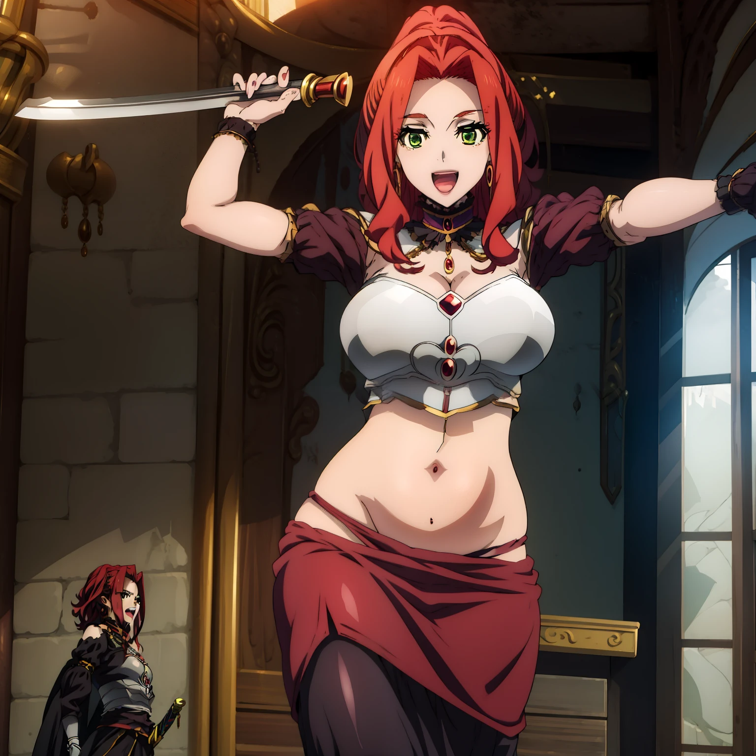 Malty, red hair, beautiful face, green eyes,, best quality, highly detailed, fantasy , a anime girls in armored dress holding a sword
posing for a picture, evil smile, smile, open mouth, breastplate with open cleavage, cleavage, warrior
outfit, ecchi anime style, anime girls, ecchi style, (nsfw) not safe for work, ecchi, digital anime art!!, in
anime style, official artwork, visual novel cg, beautiful anime girl, anime style 4 k , loincloth, exposed
belly, exposed navel, exposed midriff, exposed lower belly, pencil skirt armored, castle,inside castle