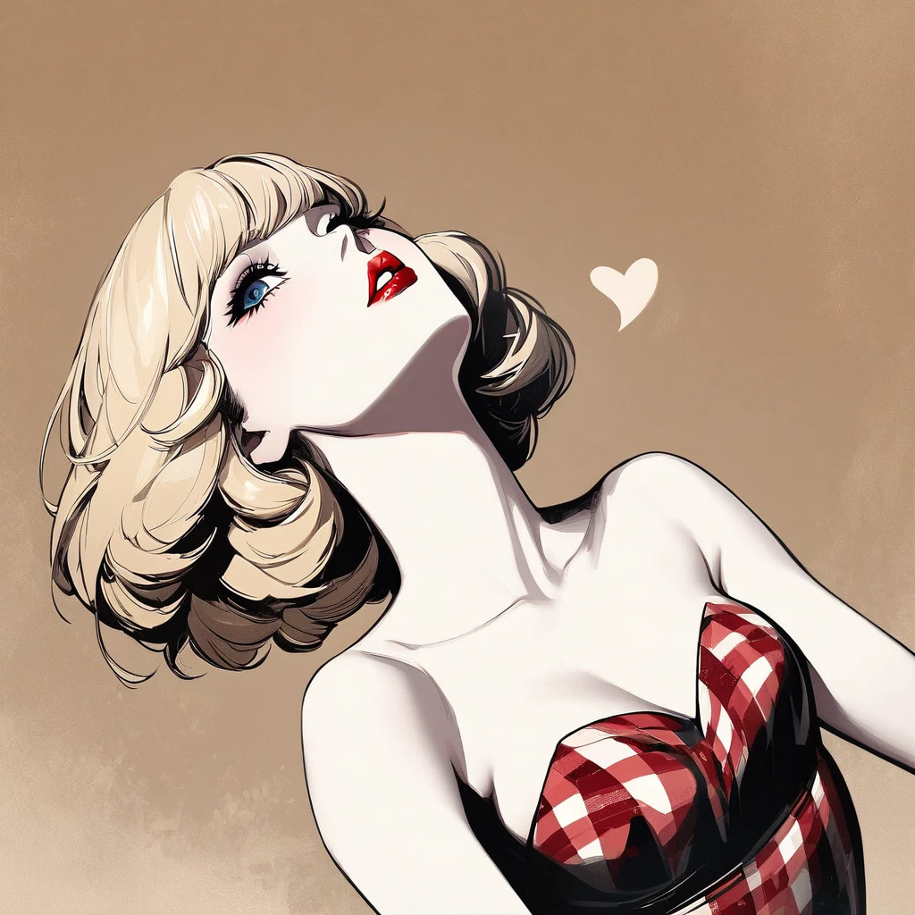 Girl, Vintage, flapper, 1920, beautiful, light blonde hair, pale skin, heart lips, pin-up, strapless gingham dress, red lips, flirty, eyes looking up, innocent