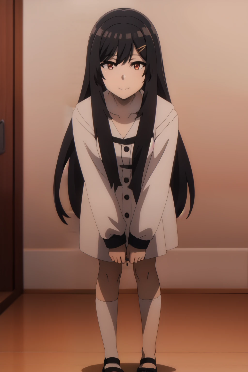 Anime background art, bottom of room, one bed, standing, beautiful anime scenes, 4K anime art wallpaper, 4k anime art wallpaper, Rosla global illumination, anime girl, best quality, detailed, 1 girl, alone, same as LORA, same as lora, closed mouth, light smile, black hair, long hair, white hair accessory, defined eyes, red eyes, looking at viewer, custom.