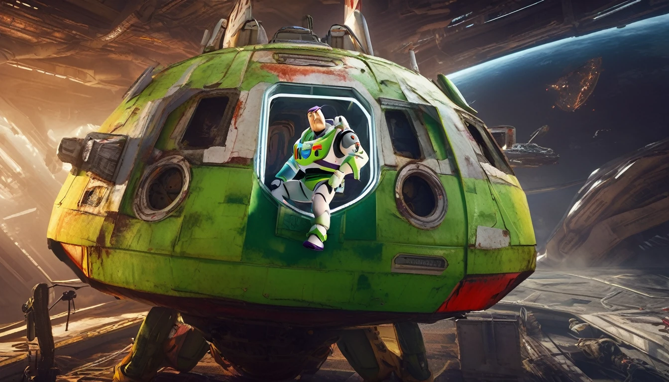 a rugged Sean Connery as Buzz Lightyear, searching a heavily damaged sci-fi spacecraft for survivors, the vessel shows signs of a bloody battle against alien invaders, gritty sci-fi horror atmosphere, full body portrait, highly detailed, hyperrealistic, cinematic lighting, dramatic shadows, muted color palette, moody, photorealistic