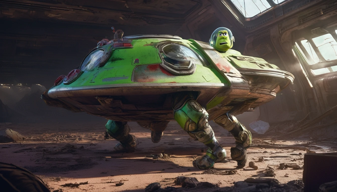 a rugged Sean Connery as Buzz Lightyear, searching a heavily damaged sci-fi spacecraft for survivors, the vessel shows signs of a bloody battle against alien invaders, gritty sci-fi horror atmosphere, full body portrait, highly detailed, hyperrealistic, cinematic lighting, dramatic shadows, muted color palette, moody, photorealistic