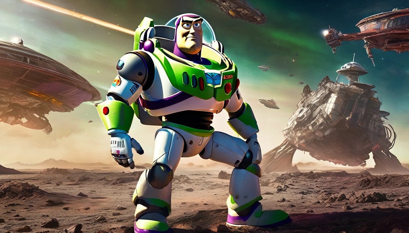 a rugged Sean Connery as Buzz Lightyear, searching a heavily damaged sci-fi spacecraft for survivors, the vessel shows signs of a bloody battle against alien invaders, gritty sci-fi horror atmosphere, full body portrait, highly detailed, hyperrealistic, cinematic lighting, dramatic shadows, muted color palette, moody, photorealistic