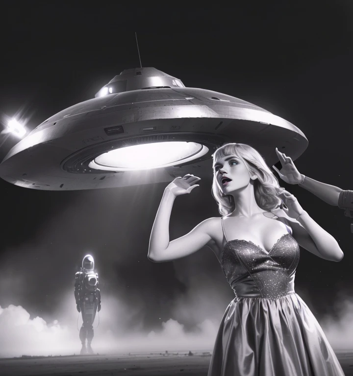 American woman in dress surprised by UFO overhead, Inspired by Jerry Schatzberg, UFO kidnapping, UFO lighting, Spaceship on background, Depicted as a sci-fi scene, Spaceship on background, John Alexander, Spaceship on background, Alien abduction, Retroscience - FI Images, Photo by Alexei Grilev, UFO attacks