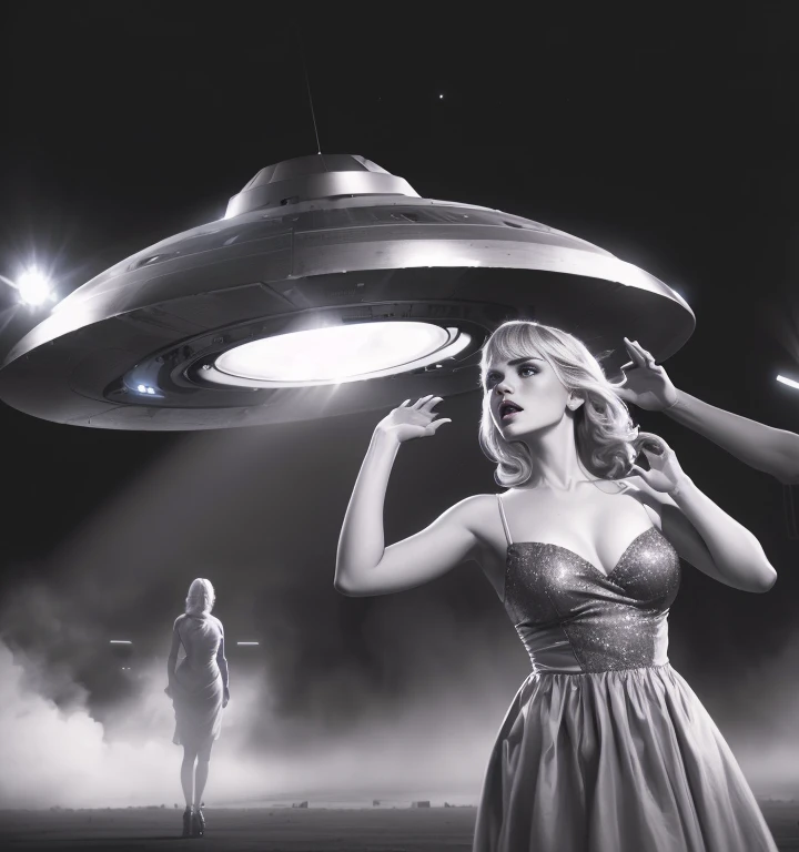 American woman in dress surprised by UFO overhead, Inspired by Jerry Schatzberg, UFO kidnapping, UFO lighting, Spaceship on background, Depicted as a sci-fi scene, Spaceship on background, John Alexander, Spaceship on background, Alien abduction, Retroscience - FI Images, Photo by Alexei Grilev, UFO attacks