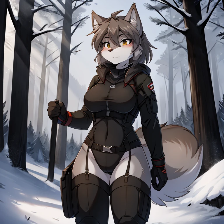 masterpiece, Best quality, one female furry wolf, (gray fur 1), Medium hair, in a tight black tactical suit, in thigh-high boots, wearing long gloves, stand calmly in the snowy forest, 