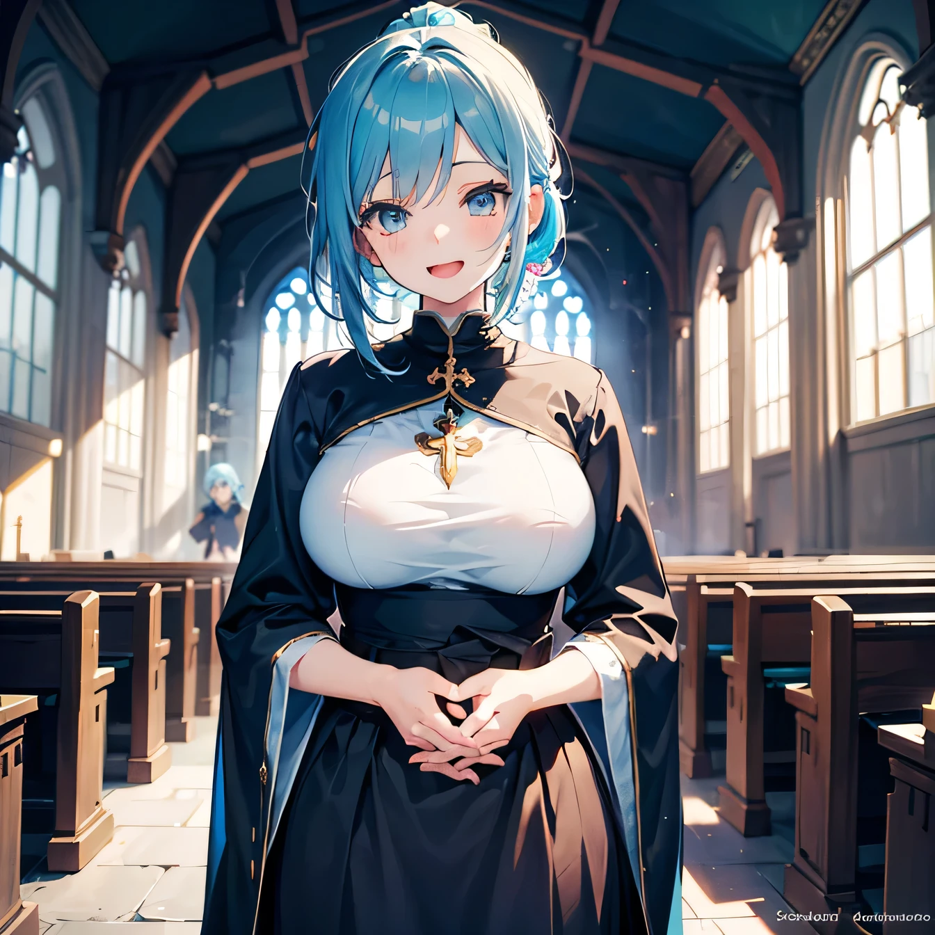 Anime Moe Art Style,highest quality,High resolution,Anatomically correct,One Girl,Mid-teens,A girl with light blue hair in a ponytail,Super detailed,Fantasy World,Sister clothes,Monastic Clothes,Big Breasts,A rich expression,Laughing with your mouth open,Rubbing his hands together,church,Eyes drawn in detail,8K