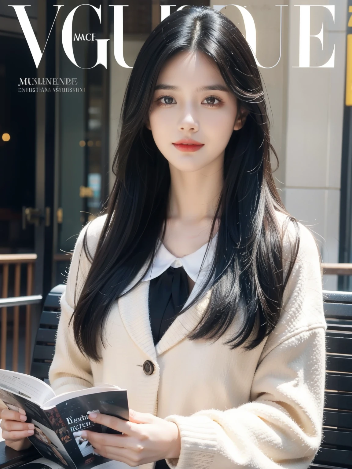 A girl reading a magazine in the city, the book cover is VOGUE, beautiful detailed eyes, black hair, wearing a uniform, beautiful detailed lips, very detailed eyes and face, long eyelashes, smiling, natural light, Photorealistic, 8K, highly detailed, high quality, masterpiece, vibrant colors,