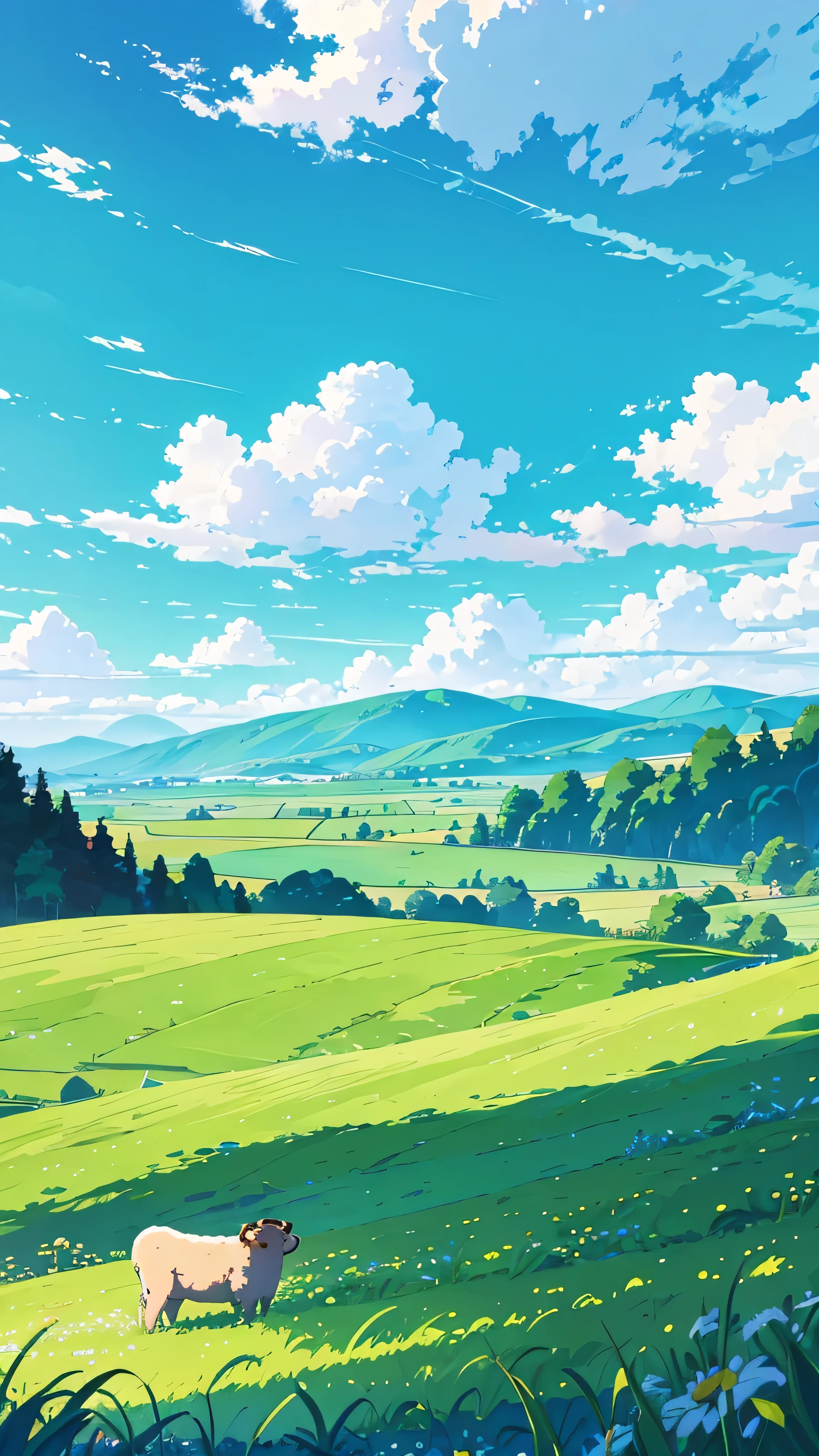 "A vast, green grassland with grazing cattle and sheep, set against a backdrop of majestic, rolling green hills. The scene is under a bright, clear sky filled with fluffy, white clouds. The lush landscape is vibrant and serene, with animals peacefully scattered across the meadow and dense, green forest lines in the distance. cloud, sky, outdoors, house, day, smile, blue sky, aqua background, Rich colors, white cloudsï¼ aqichahua, illustration, flat color, Flat style, (Masterpiece), (best quality)