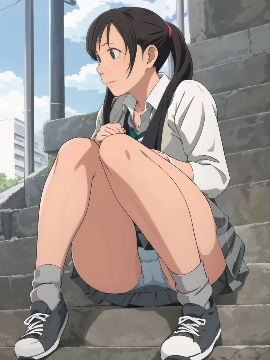 highest quality, Ultra-high resolution, (Realistic: )2D official style cel animation,((Sitting Girl))Grey Check Mini Skirt,Summer Shirts,(Lace panties),loose socks,sneakers,Full body portrait,(chiyoko sonoda),Station stairs,sunny,Embarrassed face,from the front