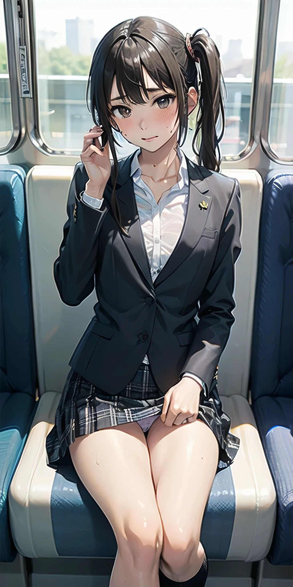 (Masterpiece:1.2), (high quality), (pixiv:1.4), (anime:1.4), panties, loose socks, black hair, buttocks, blue skirt, solo, blazer type, loose socks, lifting clothes, brown eyes, pure gaze, miniskirt, herself lift, plaid skirt, blush,((medium breasts)), (heart-shaped pupils),(side ponytail), (a lot of sweat), Long hair, Physical education sitting, beauty legs, ((on the train))