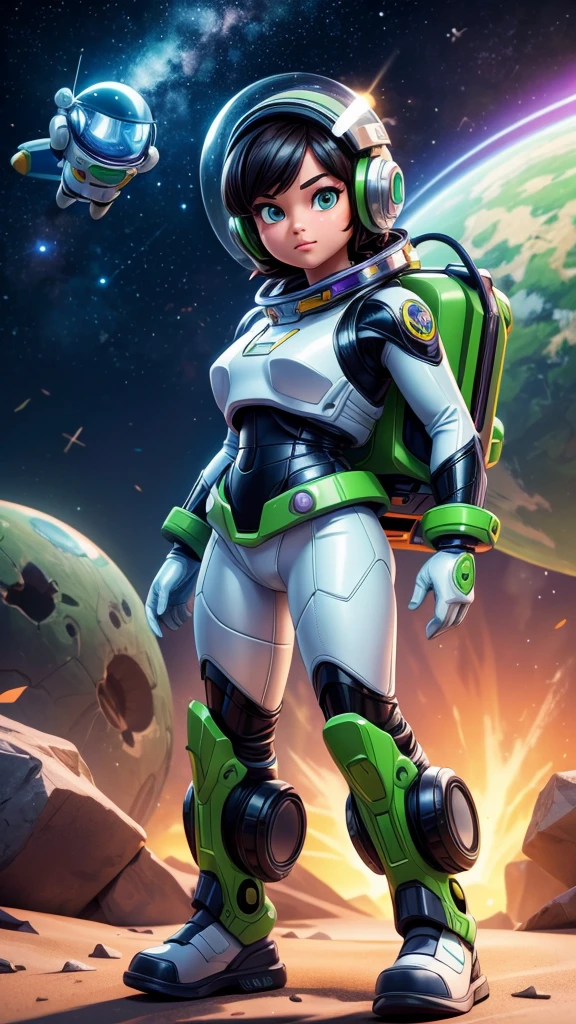 1girl, Buzz Lightyear, astronaut, space ranger, green and white suit, futuristic space suit, helmet, jetpack, laser gun, heroic pose, dynamic action, vibrant colors, intricate details, (best quality,4k,8k,highres,masterpiece:1.2),ultra-detailed,(realistic,photorealistic,photo-realistic:1.37),cinematic lighting, dramatic shadows, epic sci-fi scene, futuristic technology, hyper-detailed