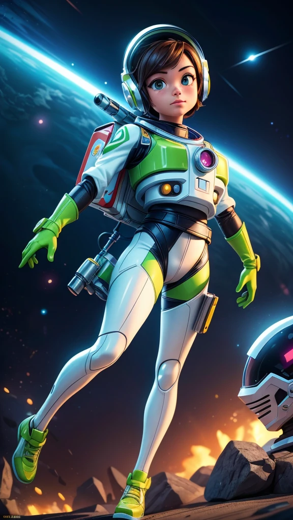 1girl, Buzz Lightyear, astronaut, space ranger, green and white suit, futuristic space suit, helmet, jetpack, laser gun, heroic pose, dynamic action, vibrant colors, intricate details, (best quality,4k,8k,highres,masterpiece:1.2),ultra-detailed,(realistic,photorealistic,photo-realistic:1.37),cinematic lighting, dramatic shadows, epic sci-fi scene, futuristic technology, hyper-detailed
