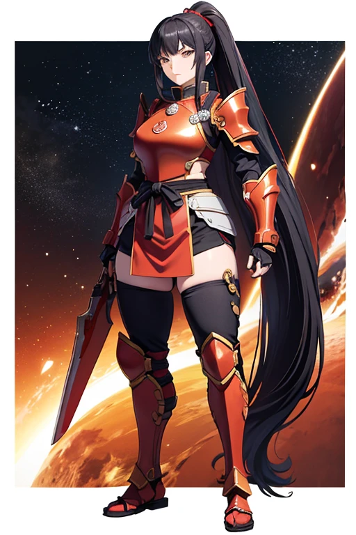 Anime drawings、Full body portrait、Space SF Sengoku Warlords、A well-built woman, standing upright, about 180cm tall, about 48 years old, wearing red armor、Glaring expression、Long straight hair tied up in one ponytail、Black Hair、Wearing Japanese-style red body armor, gauntlets, and shin guards