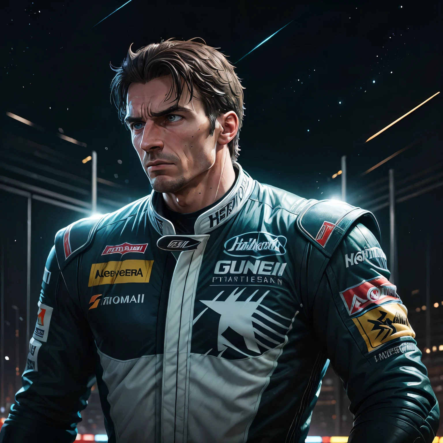 A highly detailed, hyper-realistic, and photorealistic sculpture of the iconic Formula One driver, Mac Laren, depicted in his 1990 racing suit, stands against a rain-soaked backdrop reminiscent of the Imola Grand Prix. The moody, star-filled night sky lights up the ghostly figure, creating an aura of speed and determination around the hero of the sport. Set in the style of a Vincent van Gogh painting, this Masterpiece is captured in stunning 8K ultra-high definition, with the visibility extended to 1.2 long for utmost clarity. The wet track, reflecting the brilliant lights and Laren's determined face, creates