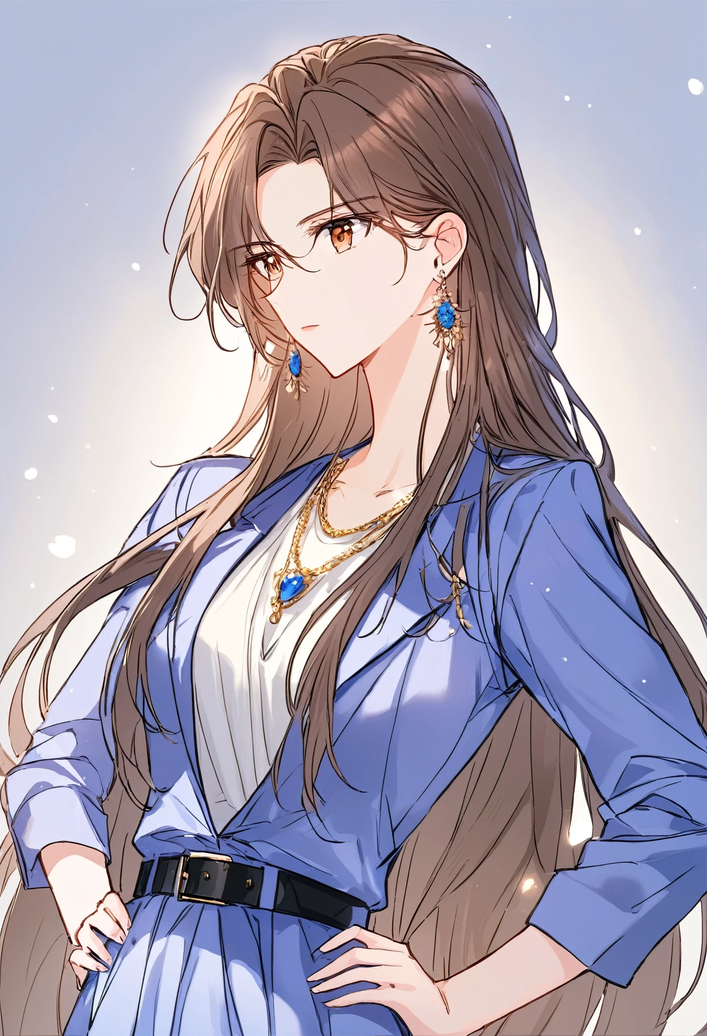 1 Girl,solo,jewelry,hands on hips,brown hair,long hair,dress,white dress,necklace,brown eyes,jacket,earrings,blue jacket,belt,upper body,