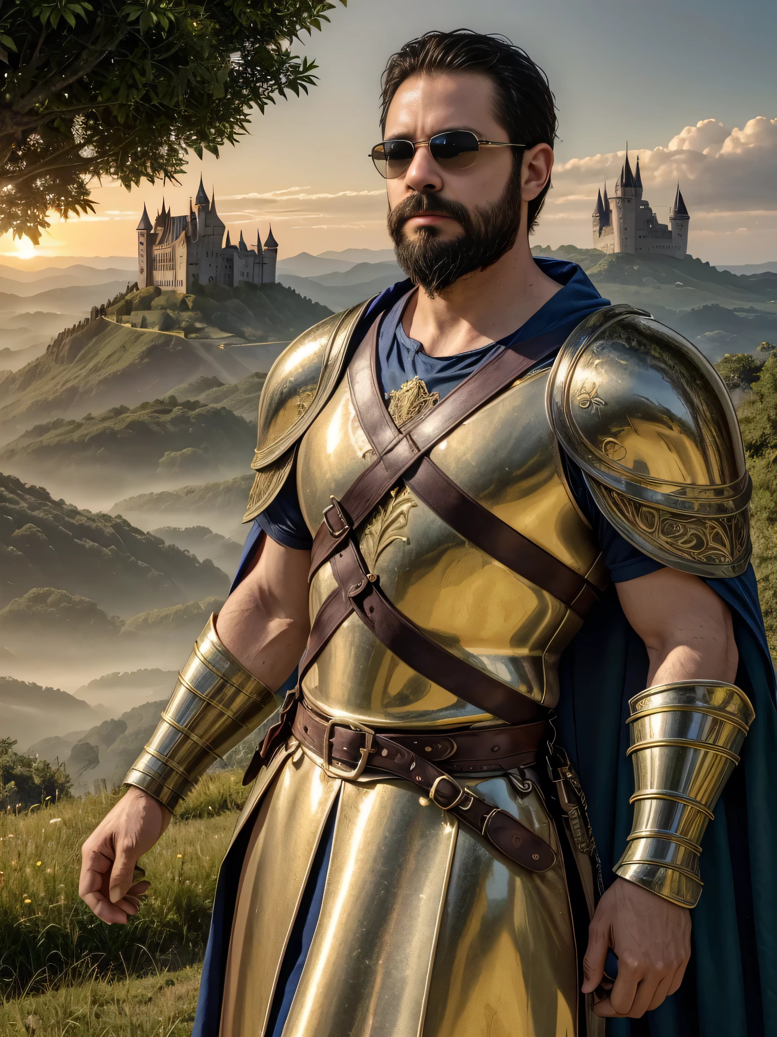 Create an ultra-detailed digital art image featuring a very masculine 38-year-old man with a beard and wearing dark sunglasses. He is shown in a medium shot, displaying the upper part of his body. The setting is a majestic fantasy kingdom with towering castles and lush landscapes at dawn. He wears an elaborate medieval-inspired armor with intricate engravings and a flowing dark cape. The background includes majestic castles, lush green valleys, and a mystical sunrise casting golden light over the scene. His expression is stoic and heroic, embodying the essence of a noble knight. The image should be rich in detail, capturing the texture of his armor, the shine of his sunglasses, and the enchanting atmosphere of the fantasy kingdom