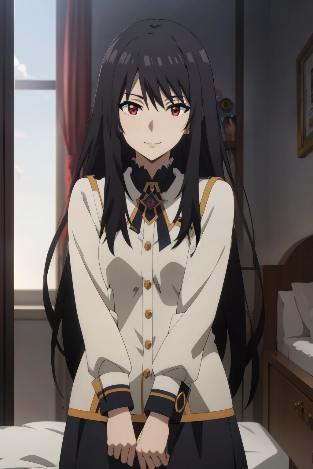 Anime background art, bottom of room, one bed, standing, beautiful anime scenes, 4K anime art wallpaper, 4k anime art wallpaper, Rosla global illumination, anime girl, best quality, detailed, 1 girl, alone, same as LORA, same as lora, closed mouth, light smile, black hair, long hair, defined eyes, red eyes, looking at viewer, custom.