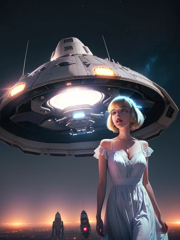 American woman in dress surprised by UFO overhead, Inspired by Jerry Schatzberg, UFO kidnapping, UFO lighting, Spaceship on background, Depicted as a sci-fi scene, Spaceship on background, John Alexander, Spaceship on background, Alien abduction, Retroscience - FI Images, Photo by Alexei Grilev, UFO attacks