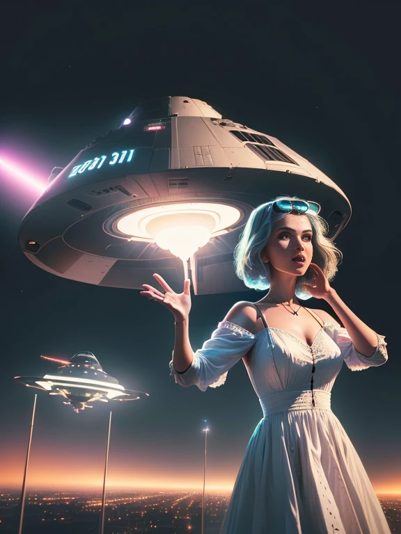American woman in dress surprised by UFO overhead, Inspired by Jerry Schatzberg, UFO kidnapping, UFO lighting, Spaceship on background, Depicted as a sci-fi scene, Spaceship on background, John Alexander, Spaceship on background, Alien abduction, Retroscience - FI Images, Photo by Alexei Grilev, UFO attacks