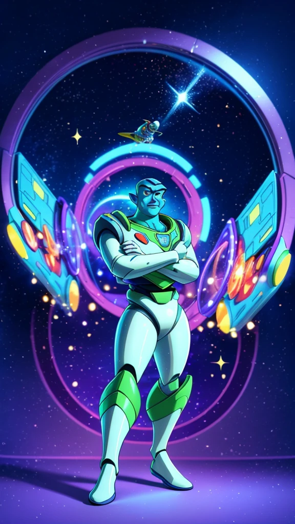 a dynamic and futuristic illustration of Buzz Lightyear, highly detailed and photorealistic, space ranger, dynamic pose, intricate machinery and technology, vibrant colors, glowing energy effects, cinematic lighting, dramatic shadows, epic sci-fi atmosphere, 3D render, concept art style, best quality, 8k, hyperdetailed, masterpiece