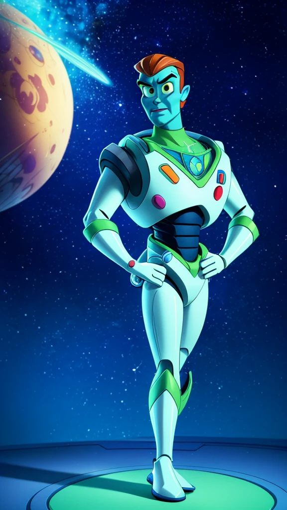 a dynamic and futuristic illustration of Buzz Lightyear, highly detailed and photorealistic, space ranger, dynamic pose, intricate machinery and technology, vibrant colors, glowing energy effects, cinematic lighting, dramatic shadows, epic sci-fi atmosphere, 3D render, concept art style, best quality, 8k, hyperdetailed, masterpiece