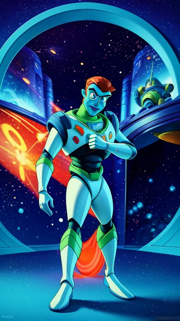 a dynamic and futuristic illustration of Buzz Lightyear, highly detailed and photorealistic, space ranger, dynamic pose, intricate machinery and technology, vibrant colors, glowing energy effects, cinematic lighting, dramatic shadows, epic sci-fi atmosphere, 3D render, concept art style, best quality, 8k, hyperdetailed, masterpiece