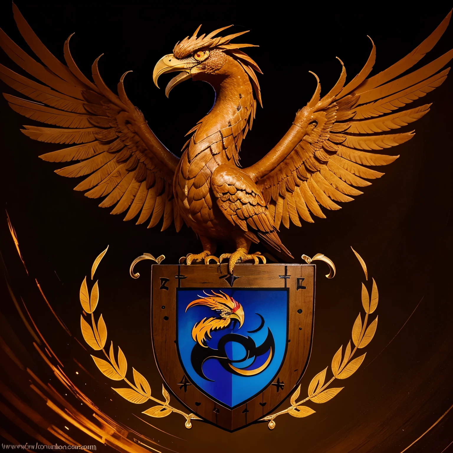 Logo de un ave fenix con el nombre de Elxus de fondo