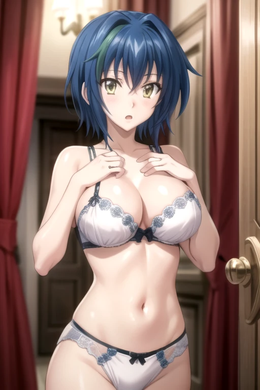 bra, bride, underwear, lingerie,looking at the audience, (open mouth:1.2), (阳Light, bright, 阳Light :1.2) No_DXD_XeNovia, 1 girl,20 years old, solitary, Yellow eyes, Blue Hair, short hair, , Colorful hair, Chest, Green Hair, looking at the audience, Striped hair, Two-tone hair, Hair between the eyes, large Chest, Young women,Fair Finger,Fair long legs,Fair Body,Fair Nose,Fair character design, Perfect eyes, perfect Face,expressive eyes, looking at the audience,(leading_Body),(Focus on her Face), Official Art,Extremely detailed CG unity 8k wallpaper, Perfect Lighting,rich and colorful, bright_front_Face_Light,發Light的皮膚, (masterpiece:1.0),(the best_quality:1.0), Ultra-high resolution,4k,Super detailed, photography, 8K, HDR, high resolution, absurd:1.2, Kodak Portrait 400, Film Grain, Blurred background, Bokeh:1.2, 鏡頭Light暈, (Full of energy_color:1.2) (Fair,Big goals_Chest:1.4), (Fair_Face:1.5),(narrow_waist),,Wedding dress, Wedding dress, bride,bride