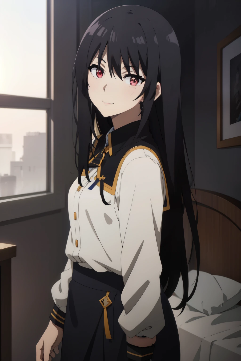 Anime background art, bottom of room, one bed, standing, beautiful anime scenes, 4K anime art wallpaper, 4k anime art wallpaper, Rosla global illumination, anime girl, best quality, detailed, 1 girl, alone, same as LORA, same as lora, closed mouth, light smile, black hair, long hair, defined eyes, red eyes, looking at viewer, custom.