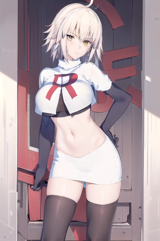 ((masterpiece, best quality,distinct image)), 1girl,solo, jeanne d'arc alter, large breasts, ahoge,looking at viewer, cowboy shot, team rocket,team rocket uniform,white skirt,red letter R,crop top,black thigh-highs,black elbow gloves