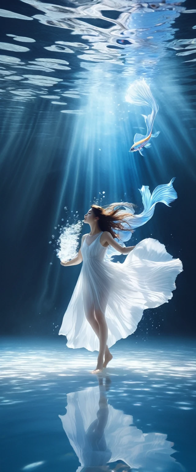 Light blue with white details，Fantastic and unrealistic, like a dream，Take me to a forgotten time and space。Pure white room，Lots of clear water，Bright sunlight pours into the room，Project Rainbow Water Light，Twilight Ray，A barefoot girl in a white gauze dress dances for the camera，There is a huge pure white transparent betta fish.:1.2，Large fins spread out in the smoke.Their colors and gestures add a beautiful touch to nature. Very detailed.,A clear pattern,beautiful,artwork,masterpiece,Realistically crafted by craftsmen、Highly detailed digital art，Fantasy Art Action，Unreal and spectacular scene，Shining with the magic of fusion。This is a great photo，that&#39;same as us&#39;In a mysterious world。