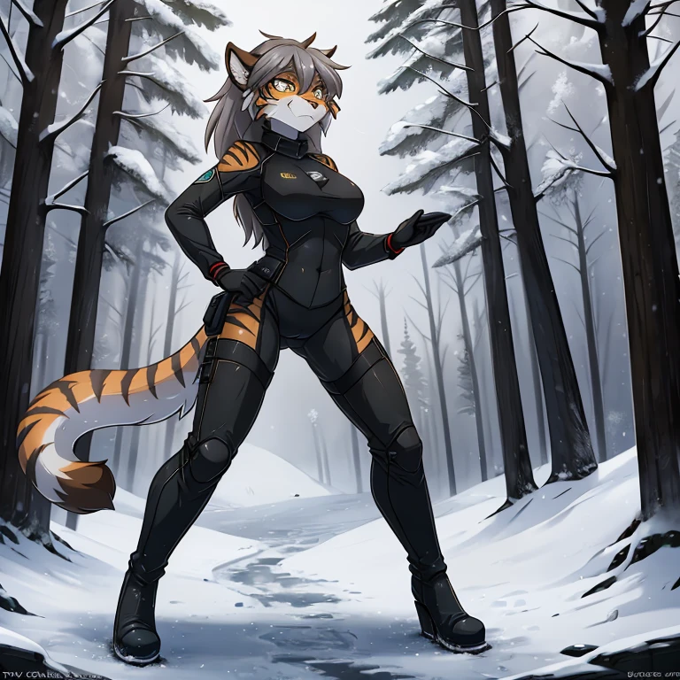 masterpiece, Best quality, one female furry tigra, a vampire (gray fur 1), Medium hair, naked body, in thigh-high boots, wearing long gloves, stand calmly in the snowy forest, 