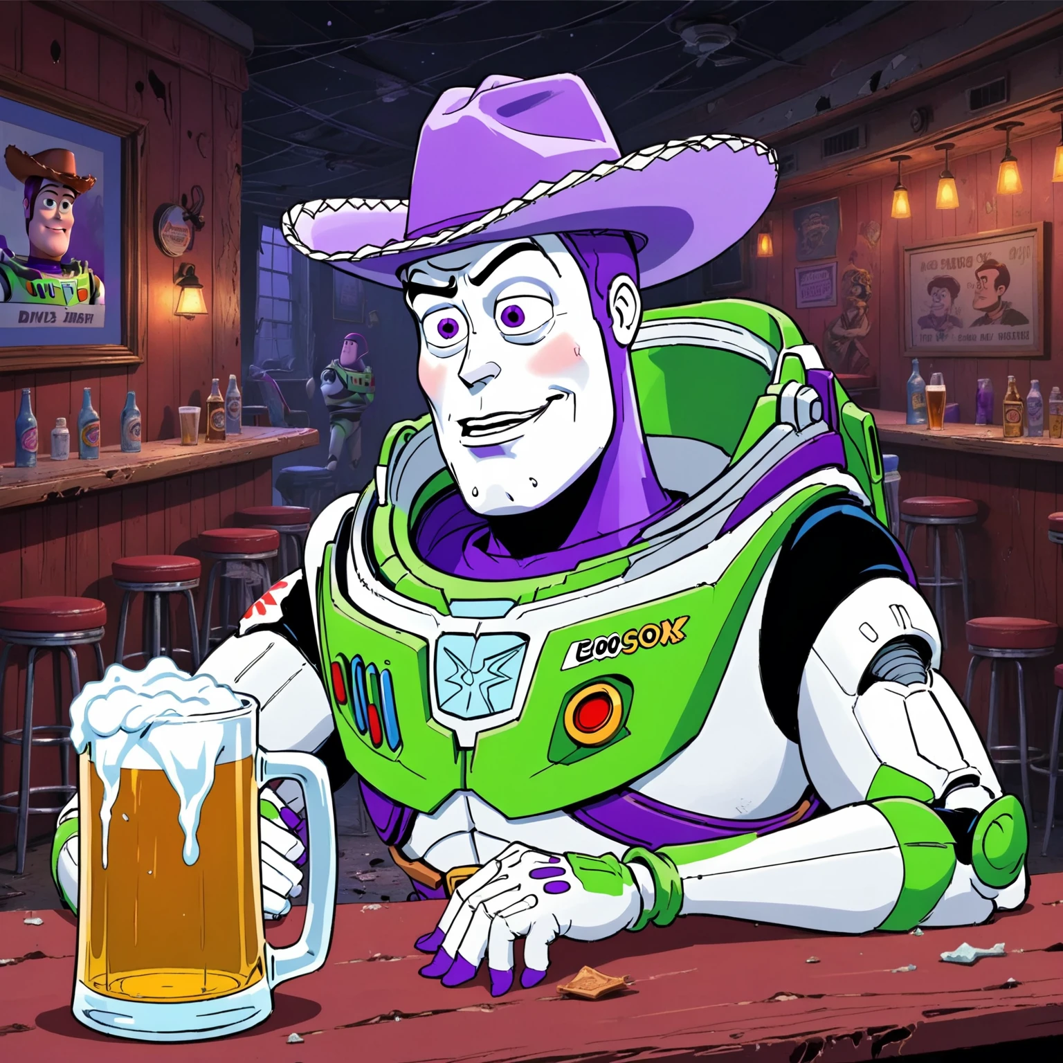 A rotoscoped hand animated cel of a screen grab of buzz lightyear, haggard, seen better days, washed up, drinking an amber beer from a frosty glass mug somberly alone at a dive bar. The scene is set in a dilapidated run down night club, and the image conveys a mix of tragic, despair, hilarious, silly, haunting, unsettling, and overwhelming dread emotions. The image is too real and harsh. Buzz is wearing an adorable tiny purple cowboy hat tied down under his chin.