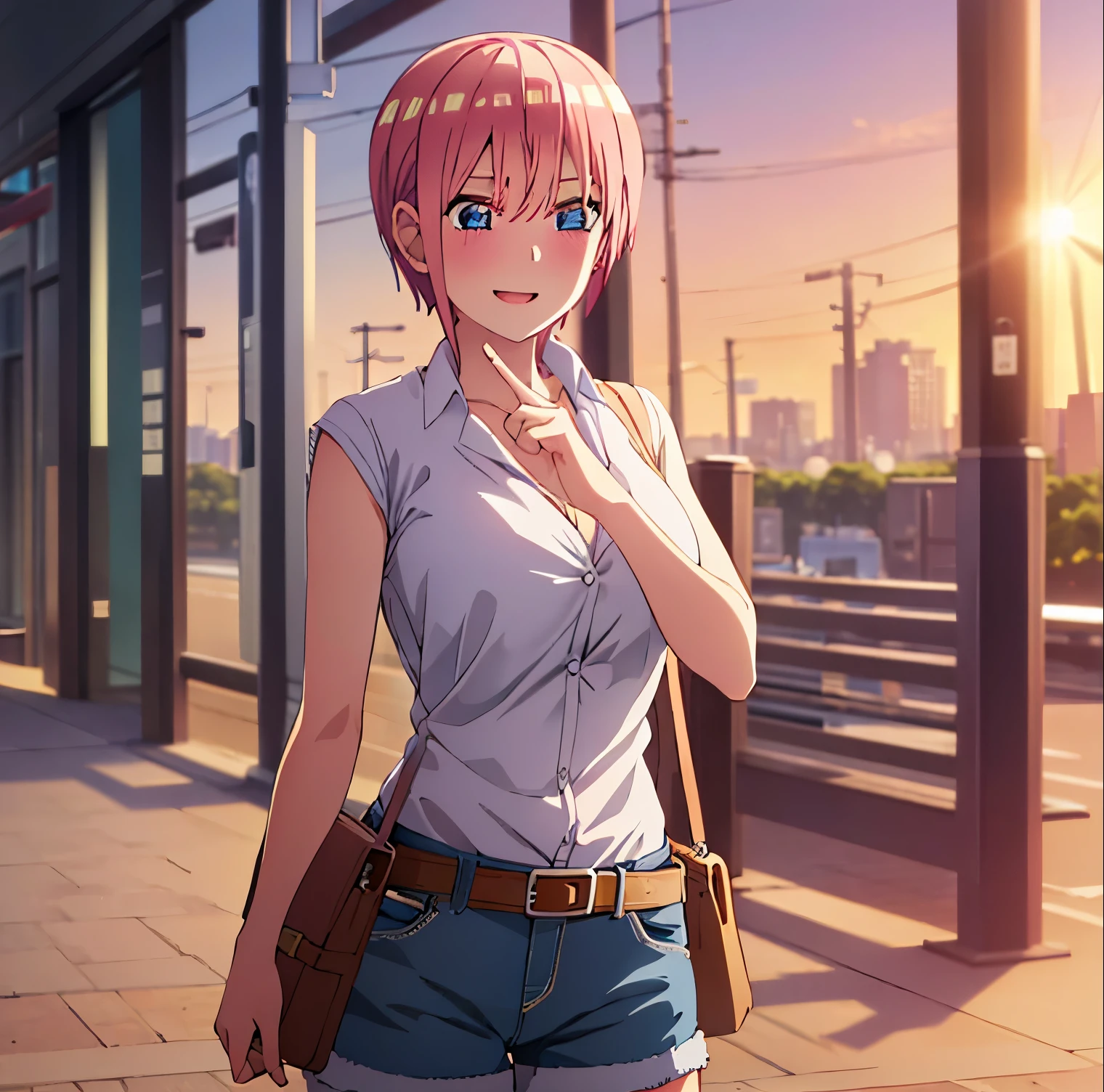 1girl, alone, ichika nakano,2d, Masterpiece, Best quality, anime, Highly detailed, , only, Cowboy shot, pink hair, short hair, blue eyes, cardigan around waist, shirt white sleeveless white, cleavage, jean shorts, tight pants, large breasts, medium waist, wide hips, wide thighs, standing, outdoor street, sunset, good lighting, smiling, embarrassed, mouth closed, perfect hands, perfrct anatomy