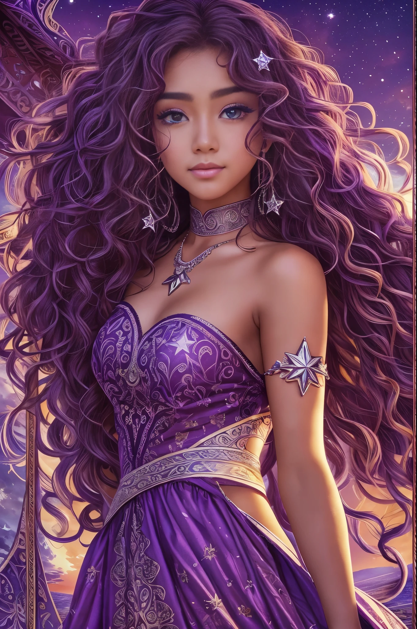 detailed background, masterpiece, best quality, 1 person , curly hair, long hair, purple eyes, star in eye , Strapless blouse, long skirt, pacific islander